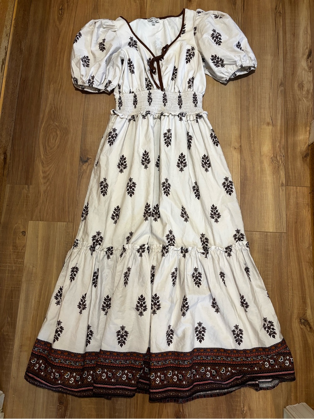 Moon River Bohemian Puff-Sleeve Maxi Dress in White with Brown Print